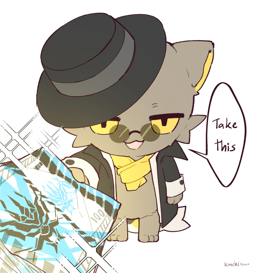 1boy absurdres animal_ears arknights artist_name black_coat black_headwear cat_boy cat_ears chibi coat colored_sclera english_commentary english_text fins fish_tail furry furry_male highres holding holding_money kimchi15922858 lee_(arknights) looking_at_viewer lungmen_dollar male_focus money open_mouth round_eyewear scarf speech_bubble tail white_background yellow_scarf yellow_sclera