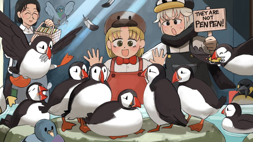 3girls :d :o absurdres atlantic_puffin basket bird black_overalls black_scarf blonde_hair bow bowtie closed_eyes diva_(hyxpk) doughnut_stamp duck english_commentary feathers food glasses grey_hair hat highres holding holding_sign king_penguin multiple_girls overalls penguin penguin_fan_(diva) penguin_hat penguin_keeper_(diva) pigeon puffin red_bow red_bowtie red_overalls round_eyewear sandwich scarf shirt short_hair sign smile urban_area_keeper_(diva) v-shaped_eyebrows white_shirt yellow_eyes zoo zookeeper zookeepers_(diva)