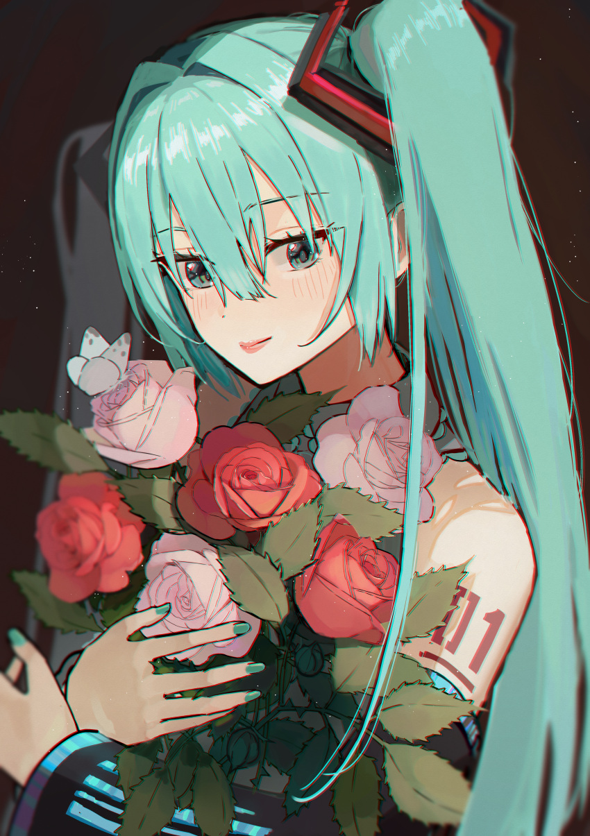 1girl absurdres aqua_eyes aqua_hair aqua_nails arm_tattoo bare_shoulders black_sleeves bouquet brown_background bug butterfly detached_sleeves flower hair_between_eyes hatsune_miku highres holding holding_bouquet light_blush light_particles long_hair looking_down miyononon number_tattoo red_flower red_lips sidelocks simple_background smile solo tattoo twintails very_long_hair vocaloid white_flower