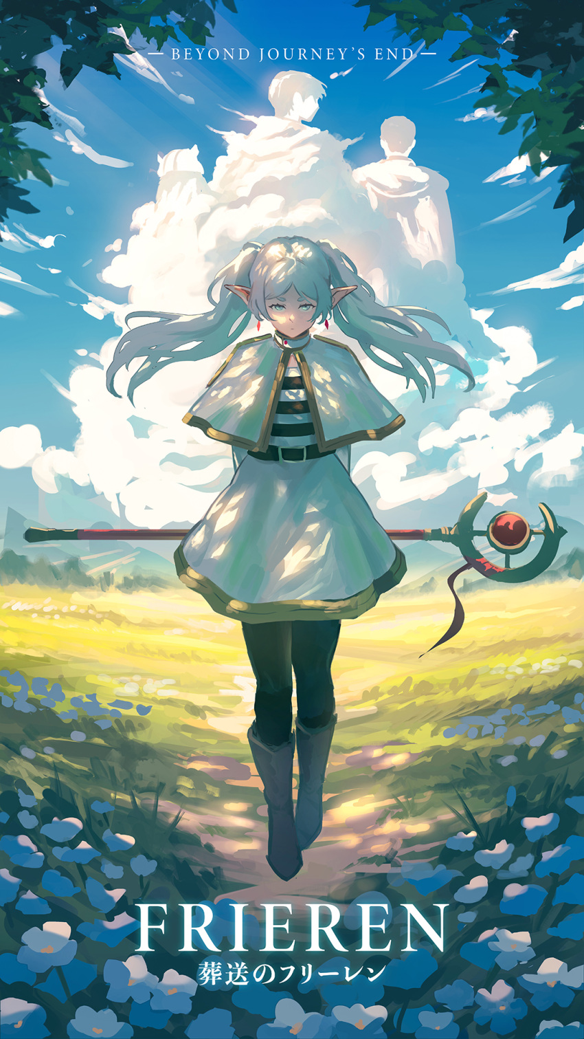 1girl 3boys belt black_belt black_pantyhose blue_flower blue_sky brown_footwear capelet clouds copyright_name dangle_earrings dappled_sunlight dinhosaur drop_earrings earrings eisen_(sousou_no_frieren) elf flower frieren full_body grass grey_hair heiter highres himmel_(sousou_no_frieren) holding holding_staff jewelry looking_at_viewer mage_staff multiple_boys pantyhose parted_bangs pointy_ears shirt skirt sky solo_focus sousou_no_frieren staff standing straight-on striped_clothes striped_shirt sunlight tree_shade twintails weapon_behind_back white_capelet white_skirt
