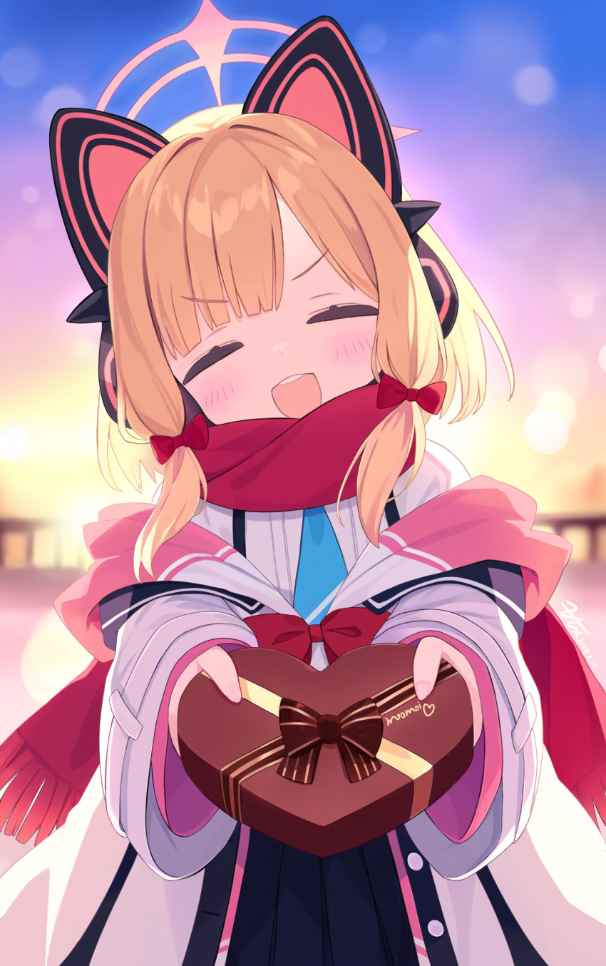 1girl animal_ear_headphones animal_ears black_skirt blonde_hair blue_archive blue_necktie blush bow box closed_eyes facing_viewer fake_animal_ears gift gift_box hair_bow headphones heart-shaped_box highres holding holding_gift jacket long_sleeves momoi_(blue_archive) necktie open_clothes open_jacket open_mouth pleated_skirt red_bow red_scarf scarf shirt short_hair skirt smile solo white_jacket white_shirt zcx