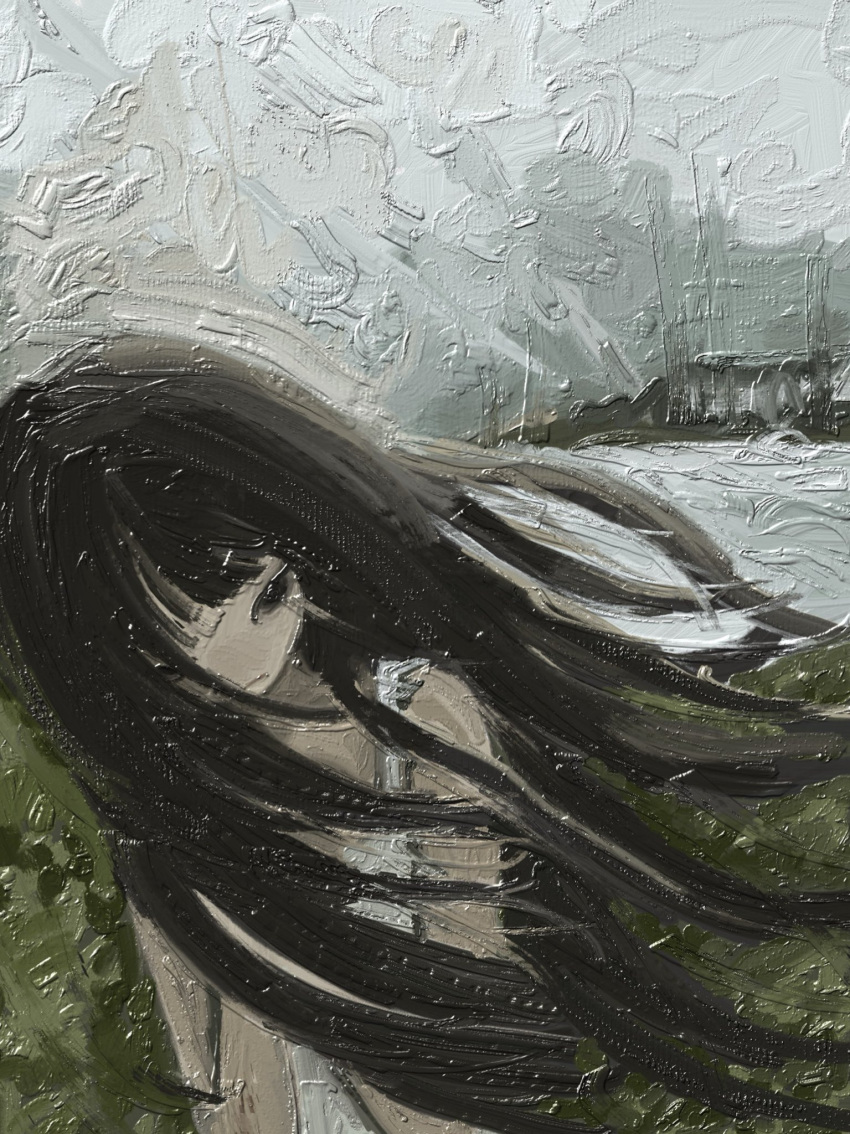 black_hair bridge closed_mouth clouds cloudy_sky dress faux_traditional_media felurya floating_hair frown grass grey_sky hands_up head_tilt highres impasto long_hair looking_down medium_bangs no_nose original outdoors own_hands_together painterly sad sky sleeveless sleeveless_dress upper_body very_long_hair water white_dress wind