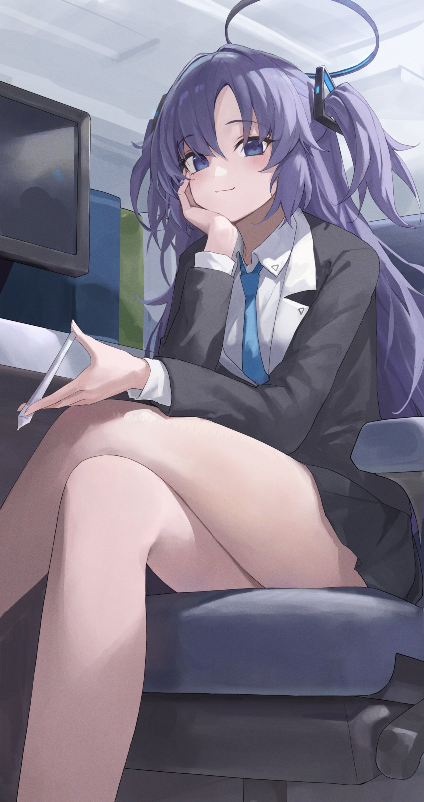 1girl black_skirt blue_archive blue_necktie chair closed_mouth collared_shirt halo highres indoors kakutasu long_hair long_sleeves looking_at_viewer mechanical_halo monitor necktie pleated_skirt purple_hair shirt sitting skirt solo suit two_side_up violet_eyes white_shirt yuuka_(blue_archive)