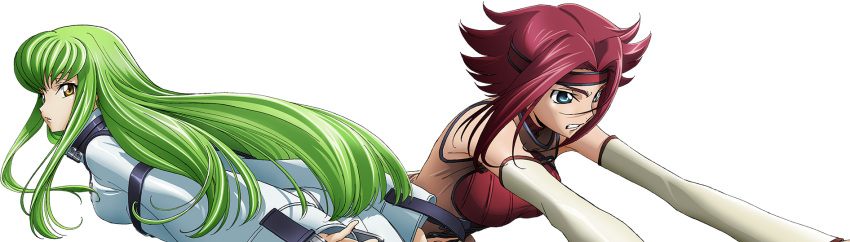 2girls artist_request bare_shoulders blue_eyes breast_cutout breasts brown_vest c.c. clenched_teeth code_geass code_geass:_lost_stories detached_sleeves from_behind game_cg green_hair hair_intakes half-closed_eyes headband highres kallen_stadtfeld leaning_forward long_hair long_sleeves looking_afar looking_at_viewer looking_back medium_breasts multiple_girls non-web_source official_art parted_lips red_headband red_sweater redhead ribbed_sweater short_hair sidelocks simple_background sleeveless sleeveless_sweater straitjacket sweater teeth transparent_background v-shaped_eyebrows vest white_sleeves yellow_eyes