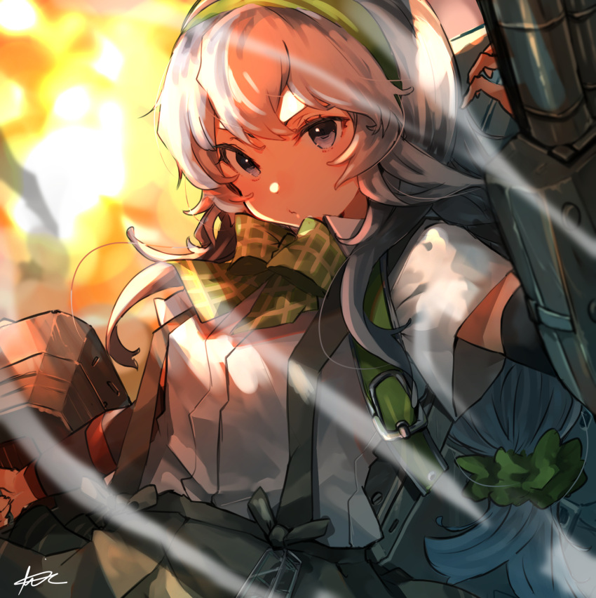 1girl bow bowtie breasts closed_mouth explosion green_bow green_bowtie green_hairband grey_eyes grey_hair grey_skirt hair_between_eyes hair_ornament hair_scrunchie hairband highres kantai_collection long_hair looking_at_viewer rigging scrunchie shirt short_sleeves signature skirt small_breasts solo sunday_aki suspender_skirt suspenders turret very_long_hair yamagumo_(kancolle)