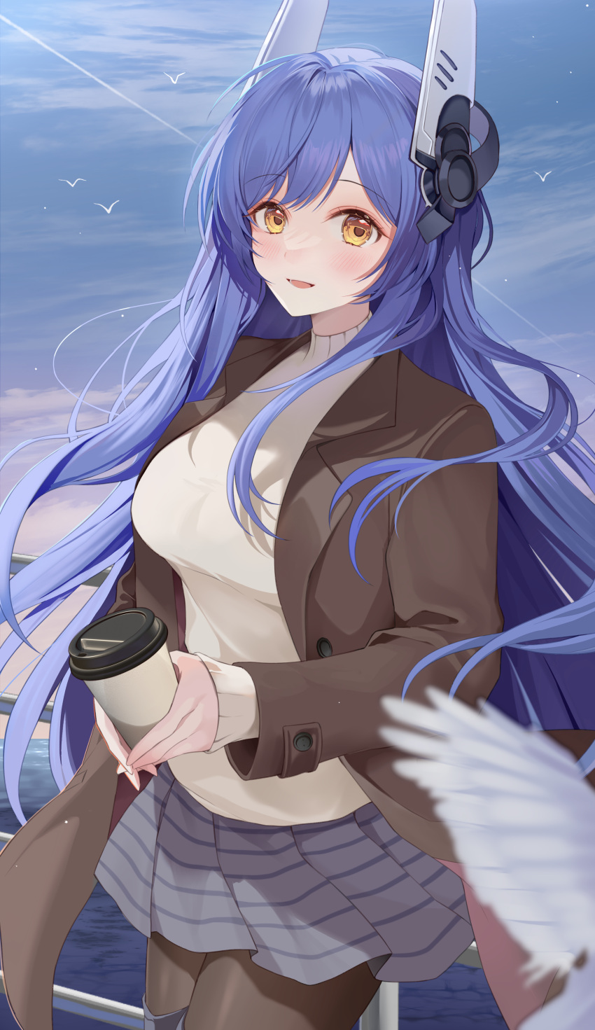 1girl absurdres alternate_costume black_pantyhose blue_hair blush breasts brown_jacket clouds cloudy_sky commission cowboy_shot cup disposable_cup girls_frontline headpiece highres holding holding_cup ion_(on01e) jacket long_hair looking_at_viewer open_clothes open_jacket pantyhose parted_lips pixiv_commission pleated_skirt simple_bird skirt sky smile solo tar-21_(girls'_frontline) yellow_eyes