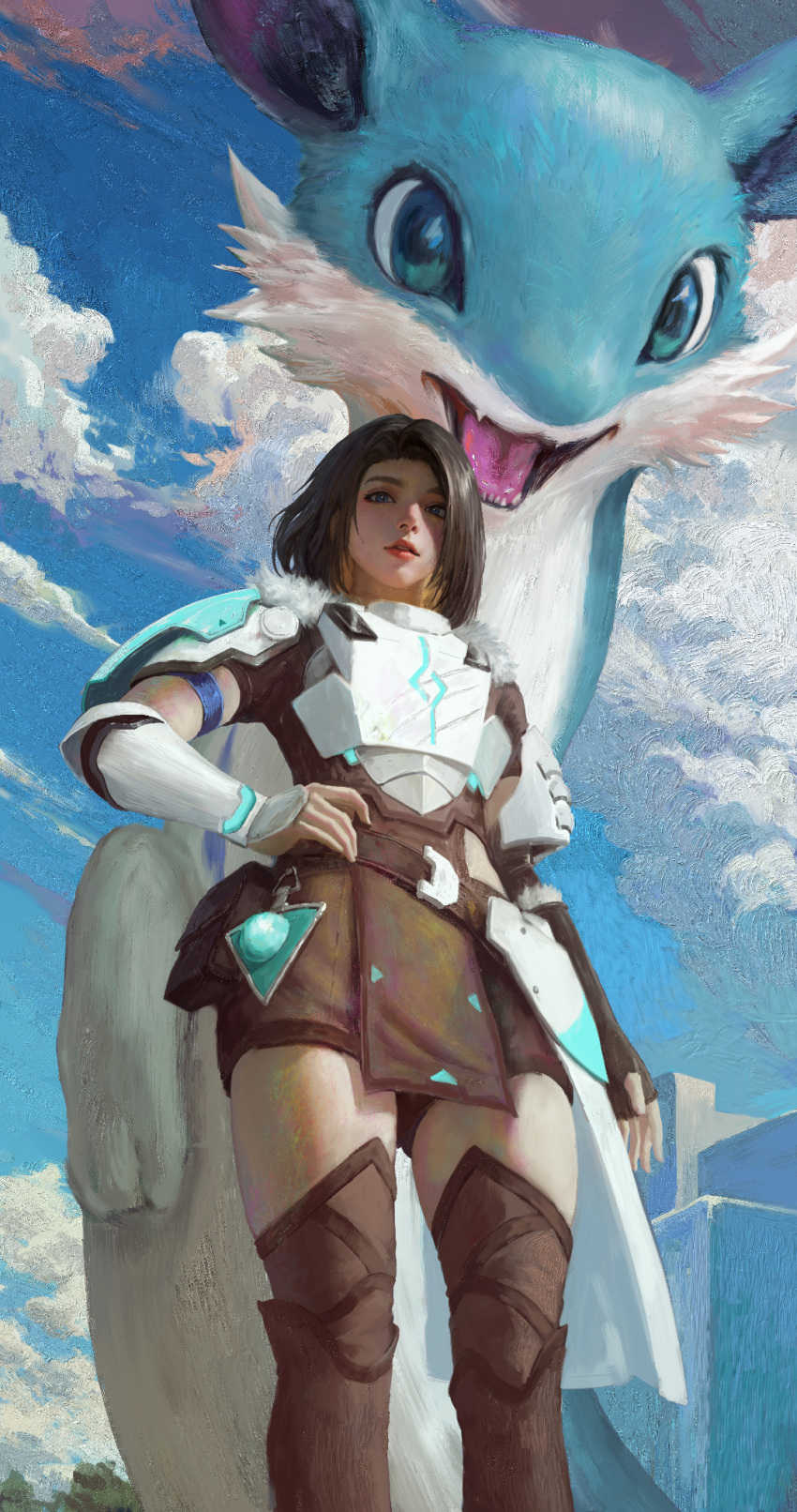 1girl armor avatar_(palworld) blue_sky boots brown_eyes brown_footwear brown_hair chillet clouds creature day hand_on_own_hip highres outdoors palworld pelvic_curtain shoulder_armor sky thigh_boots xianggang_jizhe