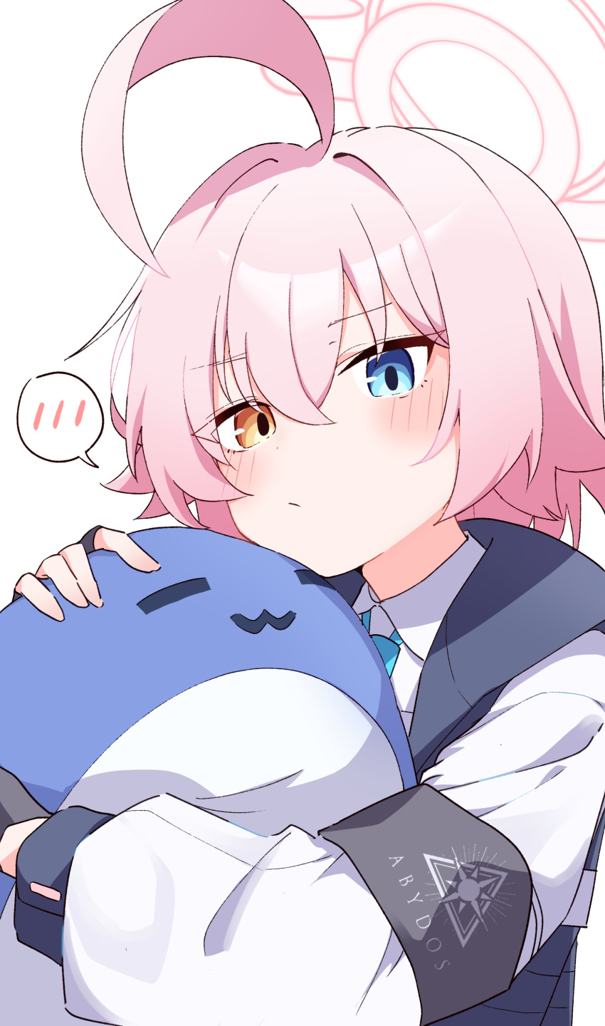 1girl absurdres ahoge armband black_armband blue_archive blue_eyes blue_necktie blue_vest blush bulletproof_vest closed_mouth fill_(fill_lemonn) halo heterochromia highres hoshino_(blue_archive) hoshino_(young)_(blue_archive) huge_ahoge hugging_doll hugging_object looking_at_viewer necktie pink_hair pink_halo shirt short_hair spoken_blush stuffed_whale vest white_shirt yellow_eyes