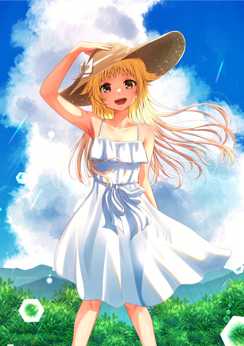 1girl :d blonde_hair blue_sky brown_eyes clouds day dress gomasho_asuka hand_on_headwear hand_up hat highres lens_flare long_hair looking_at_viewer original outdoors sky smile solo standing straw_hat sun_hat white_dress wind
