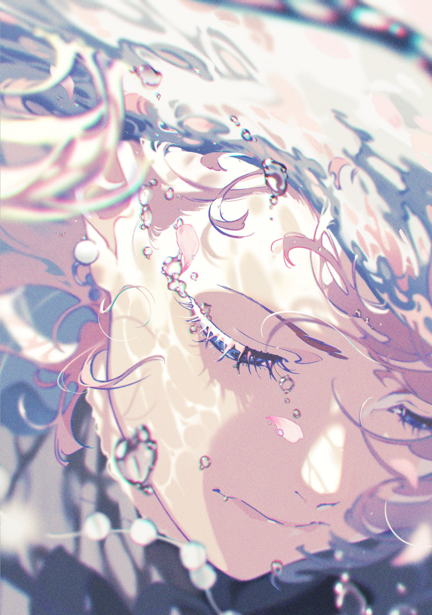 1girl absurdres air_bubble bead_necklace beads black_dress blue_eyes bubble closed_mouth dress earrings eyelashes half-closed_eyes highres jewelry lips long_eyelashes long_hair necklace nostrils original petals pink_hair solo sphere_earrings submerged underwater yoneyama_mai