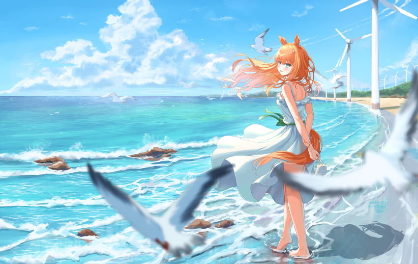 1girl absurdres alternate_costume animal_ears arms_behind_back ayloss barefoot beach bird blue_sky blurry clouds cumulonimbus_cloud depth_of_field dress english_commentary full_body highres holding holding_clothes holding_footwear horse_ears horse_girl horse_tail long_hair looking_at_viewer looking_back ocean open_mouth orange_hair outdoors seagull shoes silence_suzuka_(umamusume) sky sleeveless sleeveless_dress solo standing sundress tail umamusume unworn_shoes wading white_dress wind_turbine