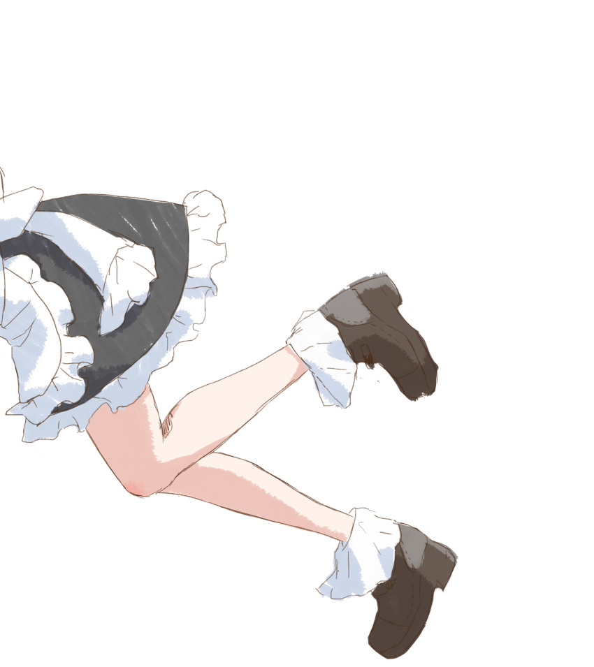 0002koko 1girl apron bare_legs black_skirt brown_footwear commentary_request frilled_skirt frills highres kirisame_marisa lower_body shoes simple_background skirt solo stuck through_wall touhou waist_apron white_apron white_background