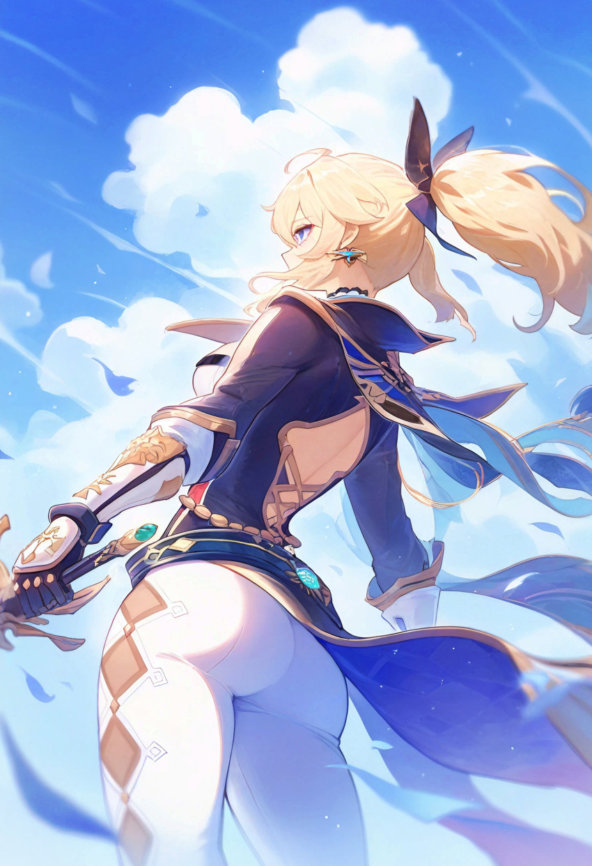 1girl absurdres ai_generated ass ass_focus blonde_hair blue_eyes blue_sky clouds cloudy_sky favonius_sword_(genshin_impact) finasu from_behind genshin_impact gloves highres holding holding_sword holding_weapon jean_(genshin_impact) long_hair pants ponytail sky solo sword tight_clothes tight_pants vision_(genshin_impact) weapon white_pants