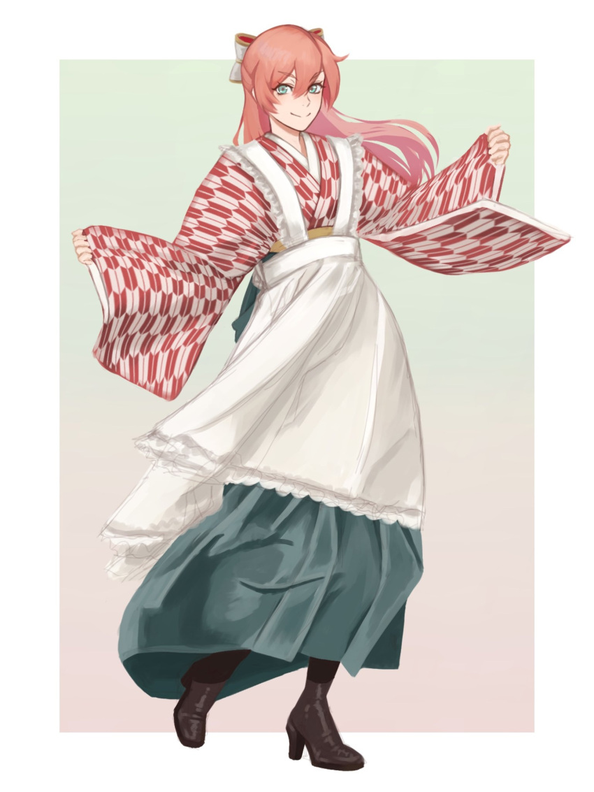 1girl alternate_costume apron aqua_eyes bad_id bad_twitter_id boots carcano_m1891_(girls'_frontline) full_body girls_frontline gradient_background green_skirt hair_ribbon highres japanese_clothes kimono long_hair long_skirt looking_at_viewer pink_hair ribbon rob_110101101 skirt smile solo white_apron white_background
