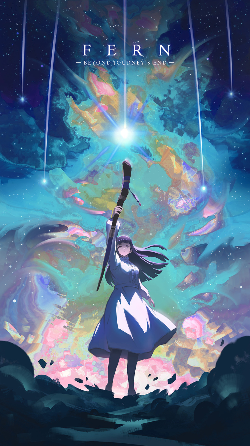 1girl arm_up blunt_bangs copyright_name dinhosaur dress fern_(sousou_no_frieren) hand_up highres holding holding_staff long_hair looking_up mage_staff night night_sky parted_lips purple_hair sky solo sousou_no_frieren staff standing star_(sky) straight_hair violet_eyes white_dress