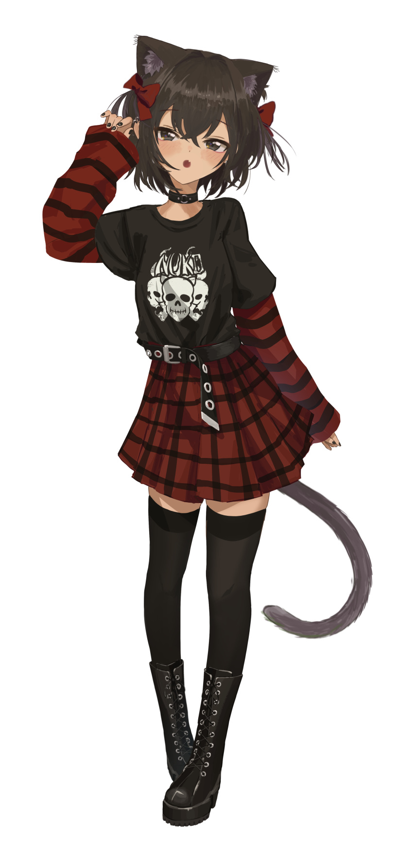 1girl absurdres animal_ears black_nails black_shirt black_thighhighs brown_eyes brown_fur brown_hair cat_ears cat_girl cat_tail full_body highres kgt_(pixiv12957613) long_hair long_sleeves looking_at_viewer open_mouth original red_skirt shirt simple_background skirt sleeves_past_wrists solo standing tail thigh-highs white_background