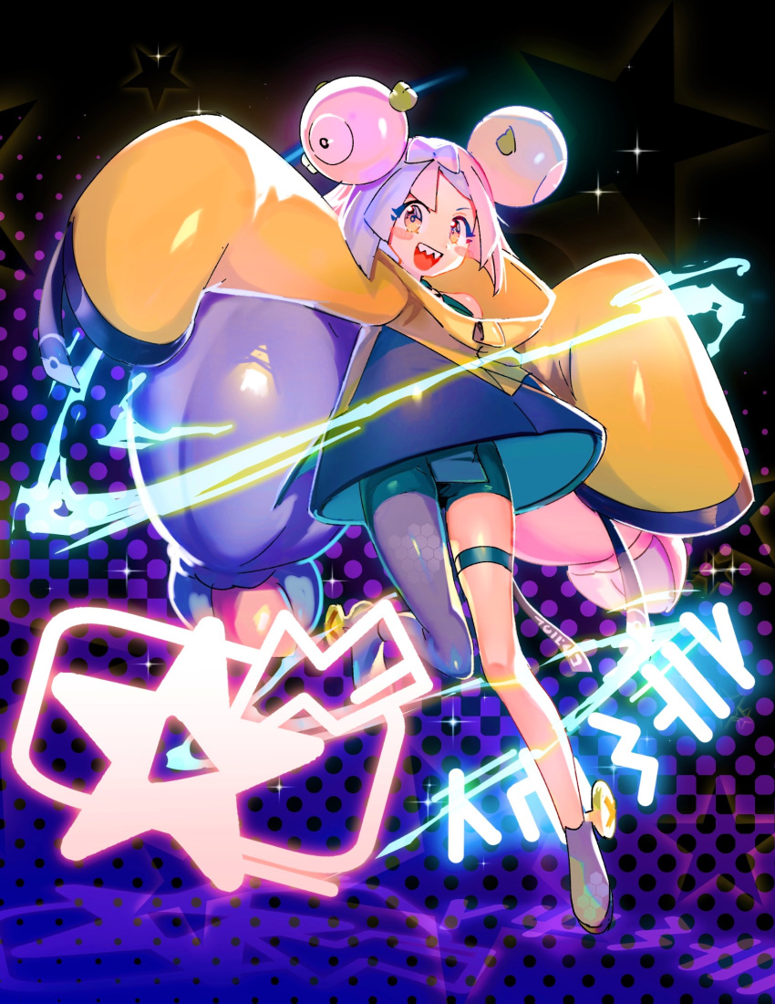 1girl :d =_(9_yawbus) asymmetrical_legwear blue_hair blush_stickers floating full_body gradient_background highres iono_(pokemon) jumping knees_together_feet_apart leg_up multicolored_hair open_mouth pantyhose pink_hair pokemon sharp_teeth sleeves_past_fingers sleeves_past_wrists smile solo sparkle star_(symbol) teeth three_quarter_view twintails two-tone_hair upper_teeth_only