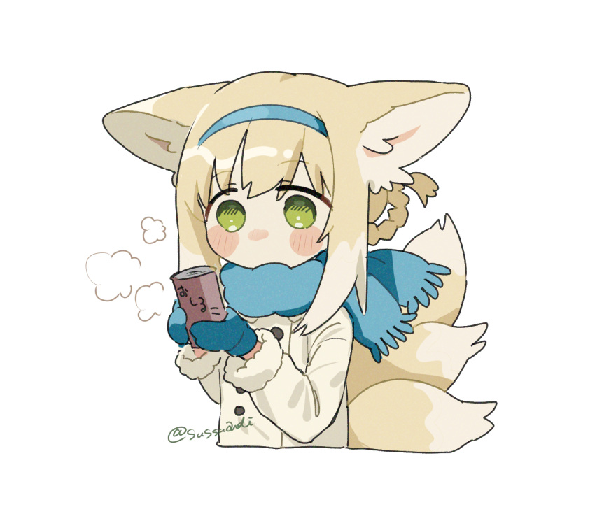 1girl animal_ear_fluff animal_ears arknights artist_name blonde_hair blue_mittens blush_stickers braid braided_hair_rings coat colored_tips commentary_request cropped_torso fox_ears fox_girl fox_tail fur_sleeves green_eyes highres holding kitsune kyuubi long_sleeves mittens multicolored_hair multiple_tails no_mouth no_sclera short_hair signature simple_background solo sutoa suzuran_(arknights) tail twin_braids twitter_username white_background white_coat white_hair winter_clothes