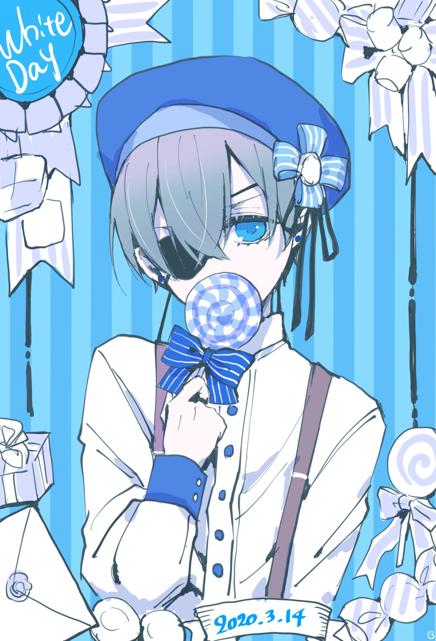 1boy 2020 bishounen black_border black_ribbon blue_bow blue_eyes blue_hair blue_headwear border bow box candy checkerboard_cookie ciel_phantomhive cookie dated earrings english_text eyepatch food gift gift_box hair_between_eyes hat hat_bow highres holding holding_candy holding_food holding_lollipop jewelry kuroshitsuji letter lollipop looking_at_viewer male_focus partially_colored ribbon shirt solo striped_background striped_bow suspenders white_shirt yu_ki_koo