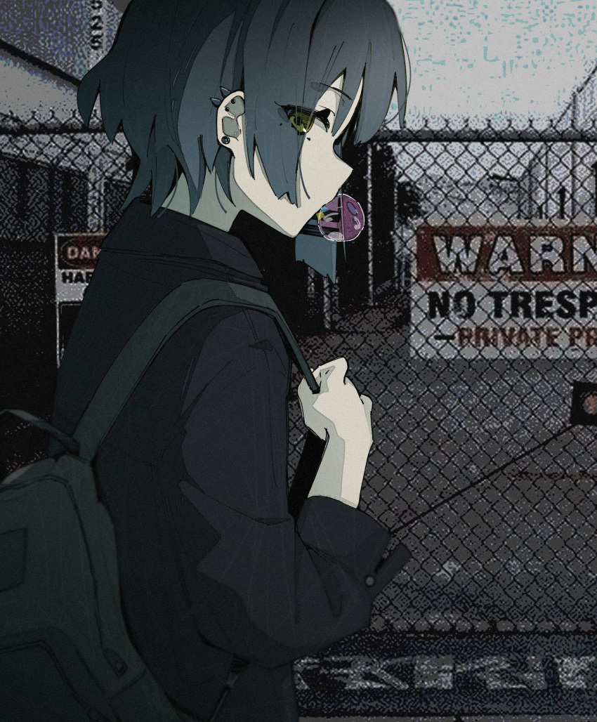 1girl absurdres backpack bag black_hair black_jacket bocchi_the_rock! brown_eyes bubble_blowing commentary ear_piercing earrings english_commentary eyes_visible_through_hair fence from_side gotoh_hitori highres jacket jewelry looking_at_viewer machuuu68 objectification photo_background piercing solo upper_body yamada_ryo