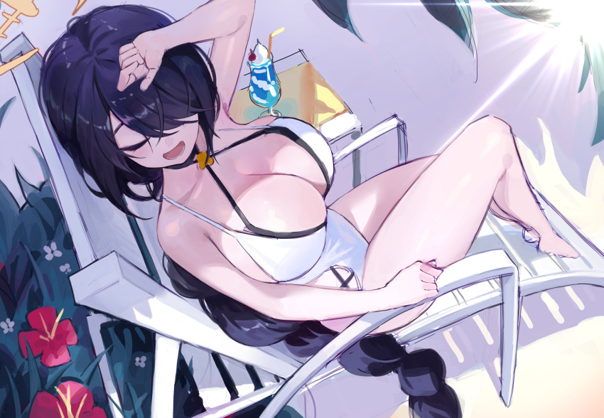 1girl absurdres bare_legs black_hair blue_archive braid chair collarbone drink flower hair_over_one_eye halo highres hinata_(blue_archive) hinata_(swimsuit)_(blue_archive) jinbin825 long_hair lounge_chair one-piece_swimsuit single_braid sunlight swimsuit white_swimsuit