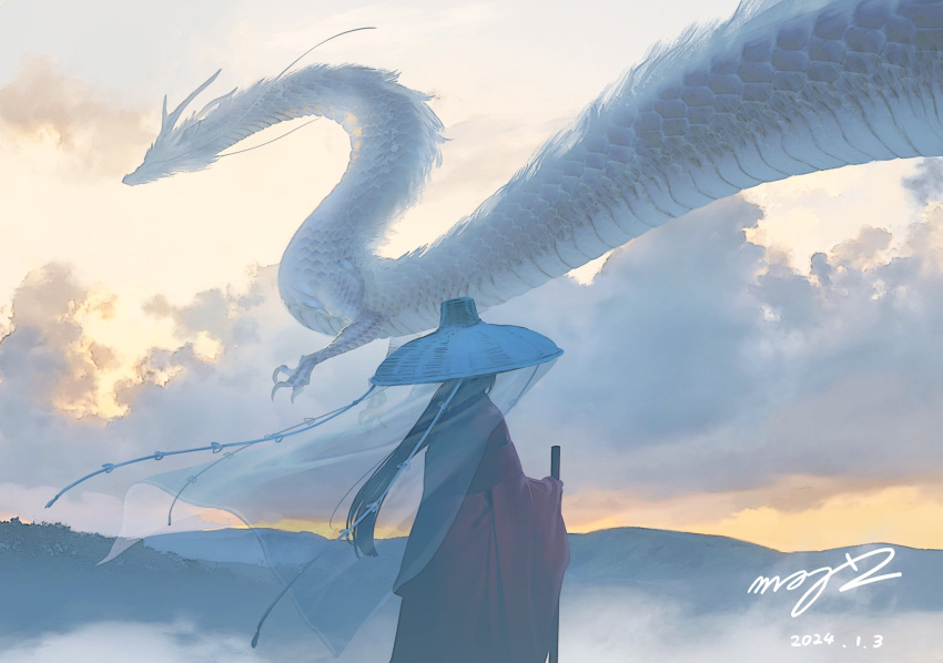 1girl ambiguous_gender black_hair cane chinese_zodiac clouds cloudy_sky dated dragon eastern_dragon floating_clothes floating_hair fog from_side gradient_sky hat highres holding holding_cane long_hair long_sleeves mogumo morning mountainous_horizon nature original outdoors red_robe ribbon robe see-through_veil signature sky twilight veil very_long_hair wide_sleeves year_of_the_dragon