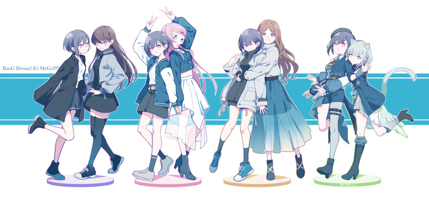 5girls :d absurdres animal_ears arm_up bang_dream! bang_dream!_it's_mygo!!!!! belt black_dress black_footwear black_hair black_skirt black_socks black_thighhighs blue_eyes blush brown_hair cat_ears cat_tail chihaya_anon closed_mouth commentary copyright_name cropped_jacket dress embarrassed grey_eyes grey_footwear grey_hair grey_jacket heterochromia highres holding_hands hug hug_from_behind incredibly_absurdres interlocked_fingers jacket jhcrow3 kaname_raana long_hair long_sleeves looking_at_viewer midriff multiple_girls mygo!!!!!_(bang_dream!) nagasaki_soyo open_clothes open_jacket open_mouth pink_eyes pink_hair puffy_long_sleeves puffy_sleeves see-through see-through_skirt shiina_taki shirt_tucked_in shoes short_shorts shorts skirt smile sneakers socks tail takamatsu_tomori thigh-highs v wavy_hair white_belt white_hair yellow_eyes