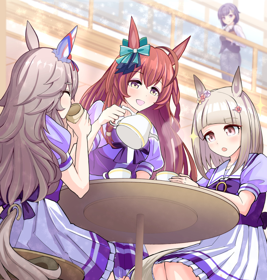 4girls absurdres ahoge animal_ears blurry blurry_background blush breasts brown_hair closed_eyes commentary_request cup hair_between_eyes hair_ornament happy_meek_(umamusume) highres horse_ears horse_girl horse_tail kiryuuin_aoi long_hair medium_breasts medium_hair mejiro_bright_(umamusume) multiple_girls open_mouth school_uniform sitting table tail tea teacup torinosukei tracen_school_uniform umamusume wonder_acute_(umamusume)