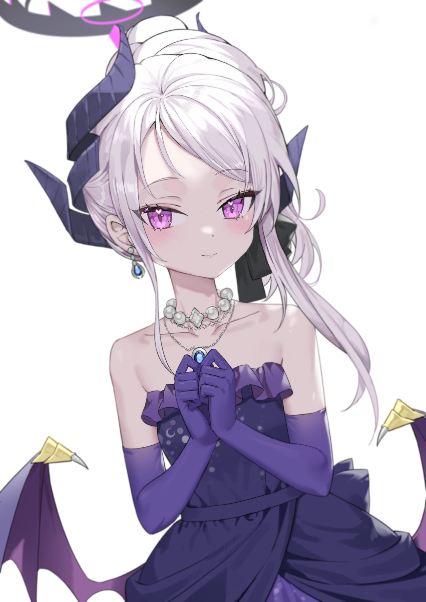 1girl black_horns blue_archive blush closed_mouth dangle_earrings demon_horns demon_wings dress earrings elbow_gloves gloves halo highres hina_(blue_archive) hina_(dress)_(blue_archive) horns jaeyun jewelry long_hair multiple_horns necklace official_alternate_costume official_alternate_hairstyle pendant purple_dress purple_gloves purple_wings simple_background smile solo strapless strapless_dress upper_body violet_eyes white_background white_hair wings