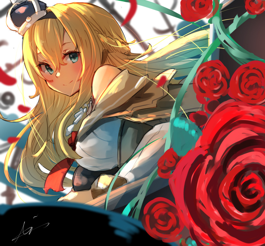 1girl aqua_eyes bare_shoulders blonde_hair blush braid breasts crown dress flower french_braid hair_between_eyes highres jewelry kantai_collection large_breasts long_hair looking_at_viewer mini_crown necklace off-shoulder_dress off_shoulder petals red_flower red_rose rose signature smile solo sunday_aki upper_body warspite_(kancolle)