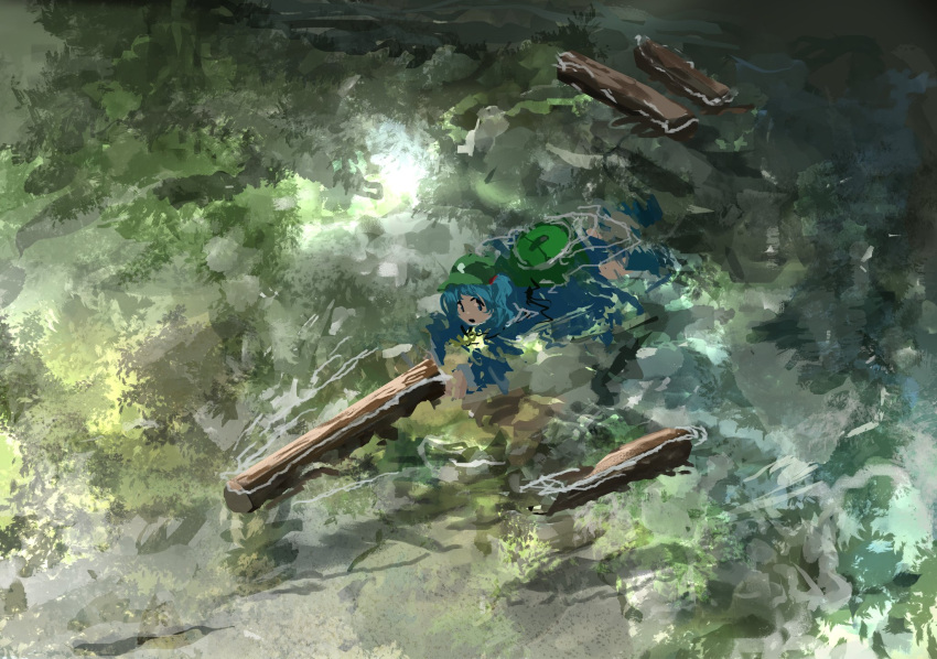 1girl baseball_cap blue_dress blue_hair dress freediving from_above full_body green_bag green_headwear hat highres jewelry kawashiro_nitori key key_necklace log nature necklace one_side_up outdoors reflection reflective_water solo submerged swimming touhou ushitsuchi wide_shot