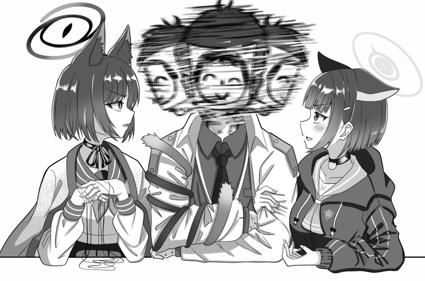 1boy 2girls afterimage animal_ears blue_archive blush cat's_cradle cat_ears cat_tail choker commentary_request doodle_sensei_(blue_archive) girl_sandwich greyscale halo haori highres hood hooded_jacket jacket japanese_clothes kazuri_(keiwa-san_yu-ki380) kazusa_(blue_archive) kikyou_(blue_archive) locked_arms meme monochrome motion_blur motion_lines multiple_girls paper_on_head parody profile ribbon_choker sandwiched school_uniform sensei_(blue_archive) serafuku short_hair simple_background tail tail_wrap the_weaker_sex_1_(gibson) v-shaped_eyebrows