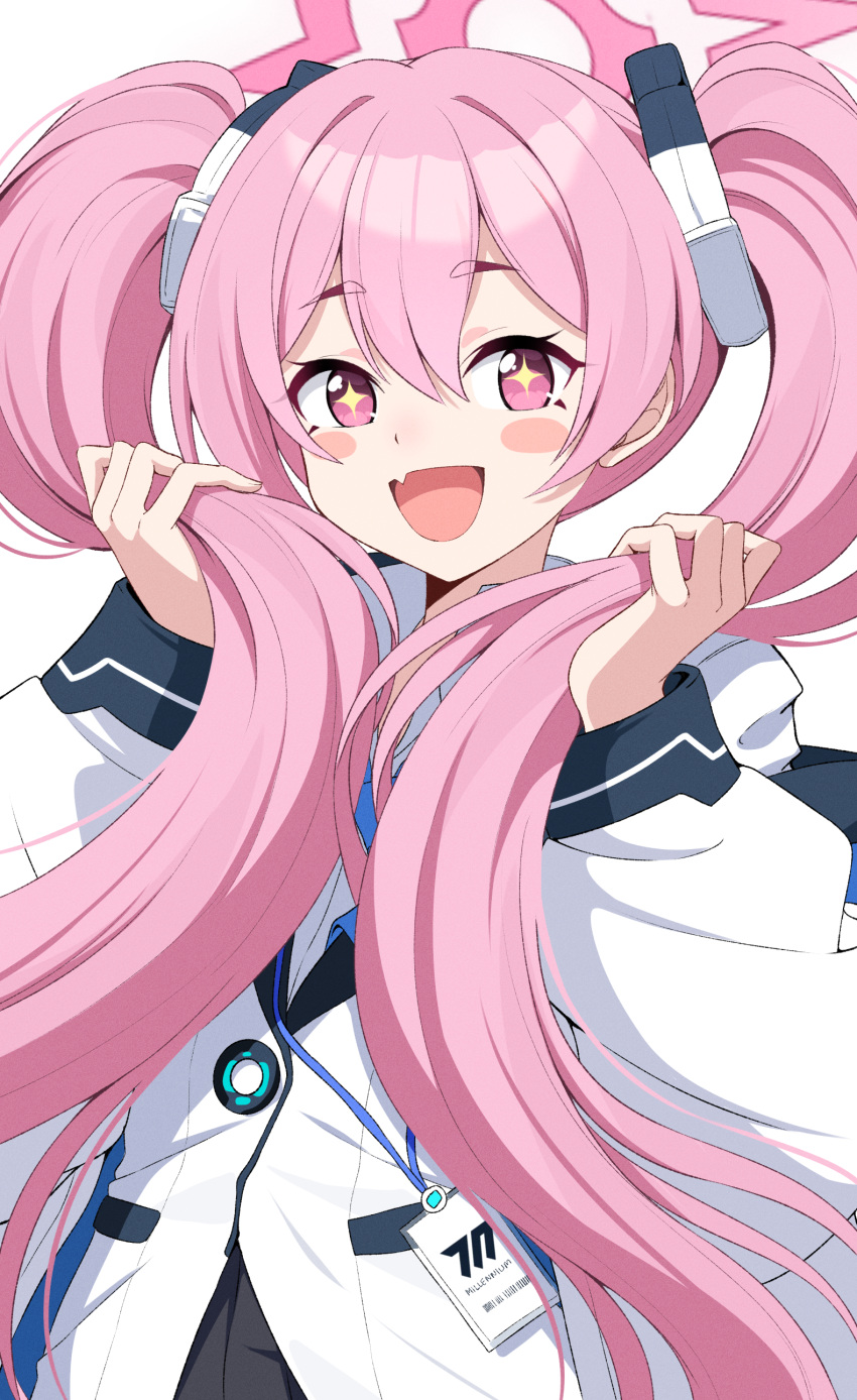 1girl :d absurdres artist_name blue_archive blush_stickers commentary cross-shaped_pupils fang hair_ornament halo hand_in_own_hair hands_in_hair highres holding holding_hair id_card jacket koyuki_(blue_archive) lanyard long_hair long_sleeves looking_at_viewer open_mouth pink_eyes pink_hair reia_76 simple_background skin_fang smile solo symbol-shaped_pupils twintails twitter_username upper_body very_long_hair white_background white_jacket