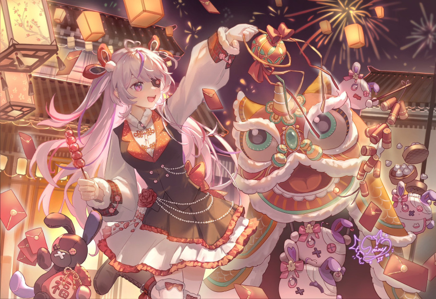 1girl ahoge arm_up artist_name blush bow chinese_commentary chinese_new_year corsage dumpling eyepatch firecrackers fireworks flower food fur_trim hair_bow heart heart_ahoge highres holding holding_food hongbao idol_clothes lantern lion_dance long_hair maria_marionette multicolored_hair night nijisanji nijisanji_en open_mouth pink_eyes pink_hair red_flower red_rose rose signature snine solo standing standing_on_one_leg streaked_hair tanghulu very_long_hair