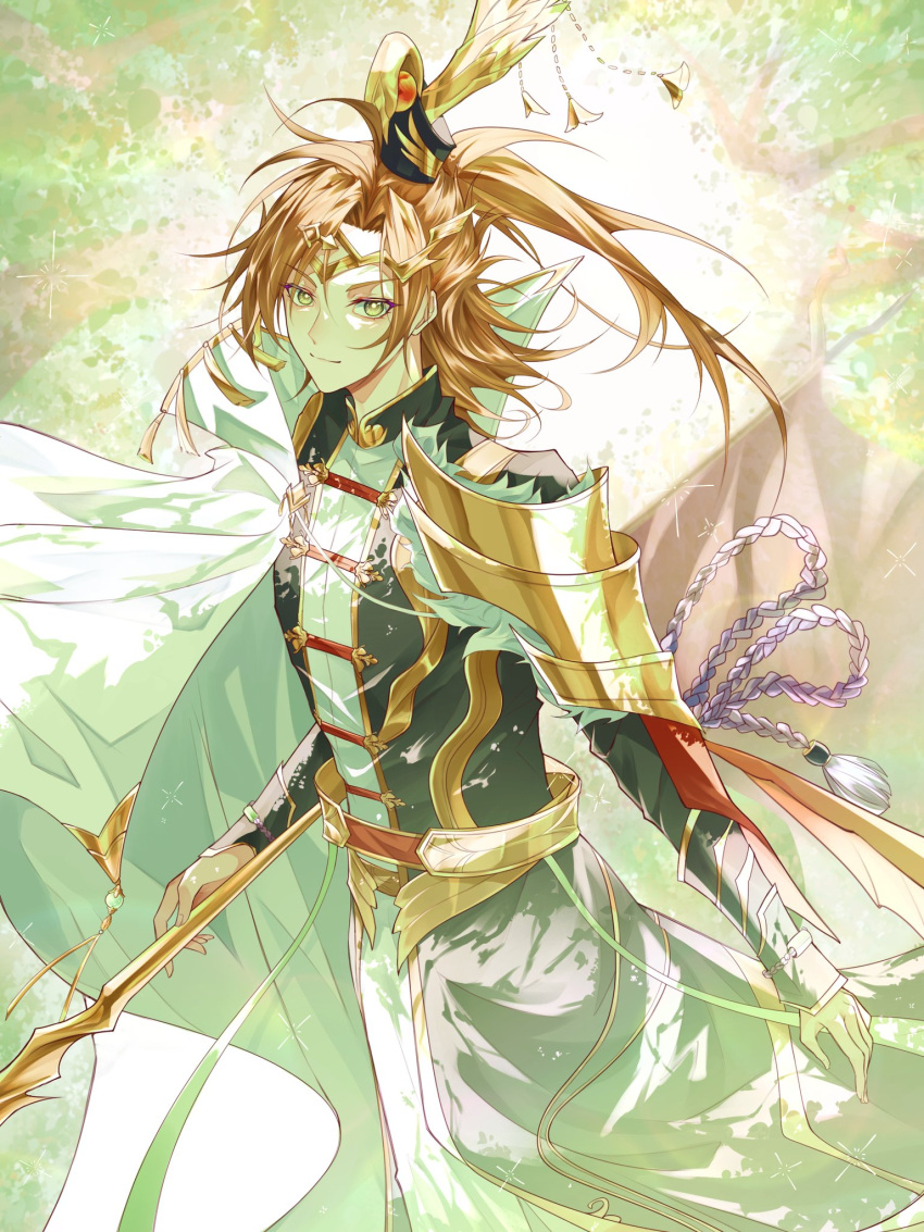 1boy aotoyuusei arm_guards armor belt black_coat cape chinese_clothes circlet closed_mouth coat cowboy_shot dappled_sunlight feather_hair_ornament feathers flag gold_trim hair_ornament highres holding holding_flag long_sleeves looking_at_viewer male_focus medium_hair one_side_up open_clothes open_coat orange_hair pants parted_bangs pauldrons peking_duck_(the_tale_of_food) red_belt rope shirt shoulder_armor side_cape sideways_glance single_pauldron smile solo standing sunlight tassel the_tale_of_food tree white_cape white_pants white_shirt xiao_guan_(headdress) yellow_eyes