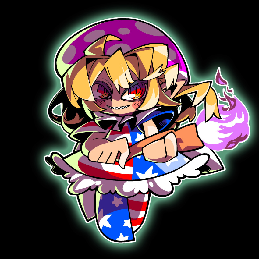 1girl american_flag american_flag_dress american_flag_legwear aura blonde_hair chibi clownpiece commentary_request fire full_body grin highres holding holding_torch long_hair looking_at_viewer neck_ruff pantyhose pink_fire pink_headwear polka_dot_headwear red_eyes ringed_eyes sharp_teeth smile solo star_(symbol) star_print striped_clothes striped_pantyhose teeth tonchamon_san torch touhou