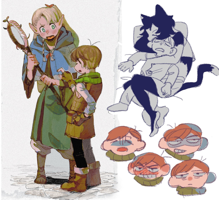 29_kyuu 2girls animal_ears armor black_hair blue_robe cat_ears cat_tail chilchuck_tims closed_eyes dungeon_meshi elf green_scarf halfling highres izutsumi leather_armor marcille_donato multiple_boys multiple_girls neck_warmer pointy_ears robe scarf short_hair tail