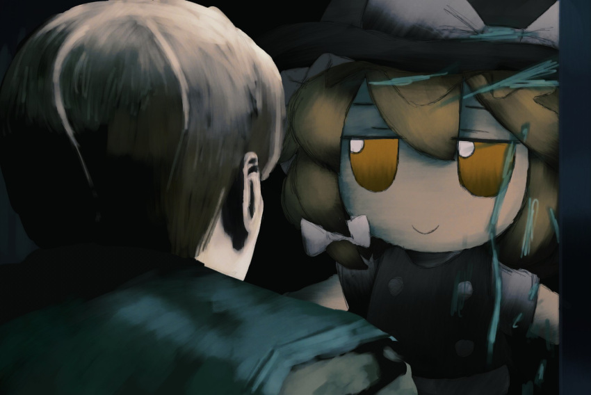 1boy 1girl black_headwear blonde_hair check_copyright closed_mouth copyright_request crossover fumo_(doll) hair_between_eyes hat highres iesonatana kirisame_marisa leon_s._kennedy long_hair looking_at_another resident_evil resident_evil_2 short_hair sidelocks smile touhou witch_hat yellow_eyes