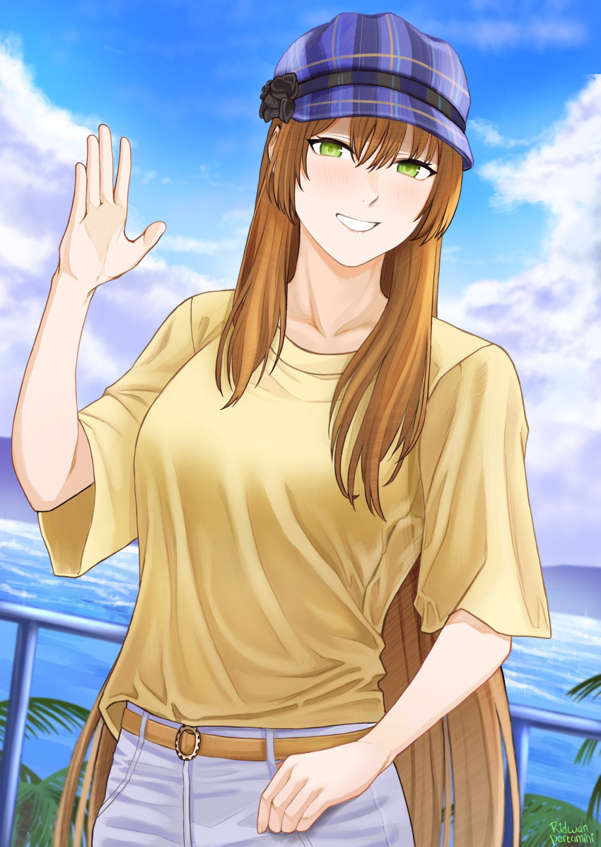 1girl absurdres belt blush brown_hair clouds cloudy_sky girls_frontline green_eyes grey_pants hand_up hat highres long_hair looking_at_viewer outdoors pants parted_lips purple_headwear railing ridwanpertamini shirt sky smile solo springfield_(girls'_frontline) straight-on t-shirt upper_body yellow_shirt