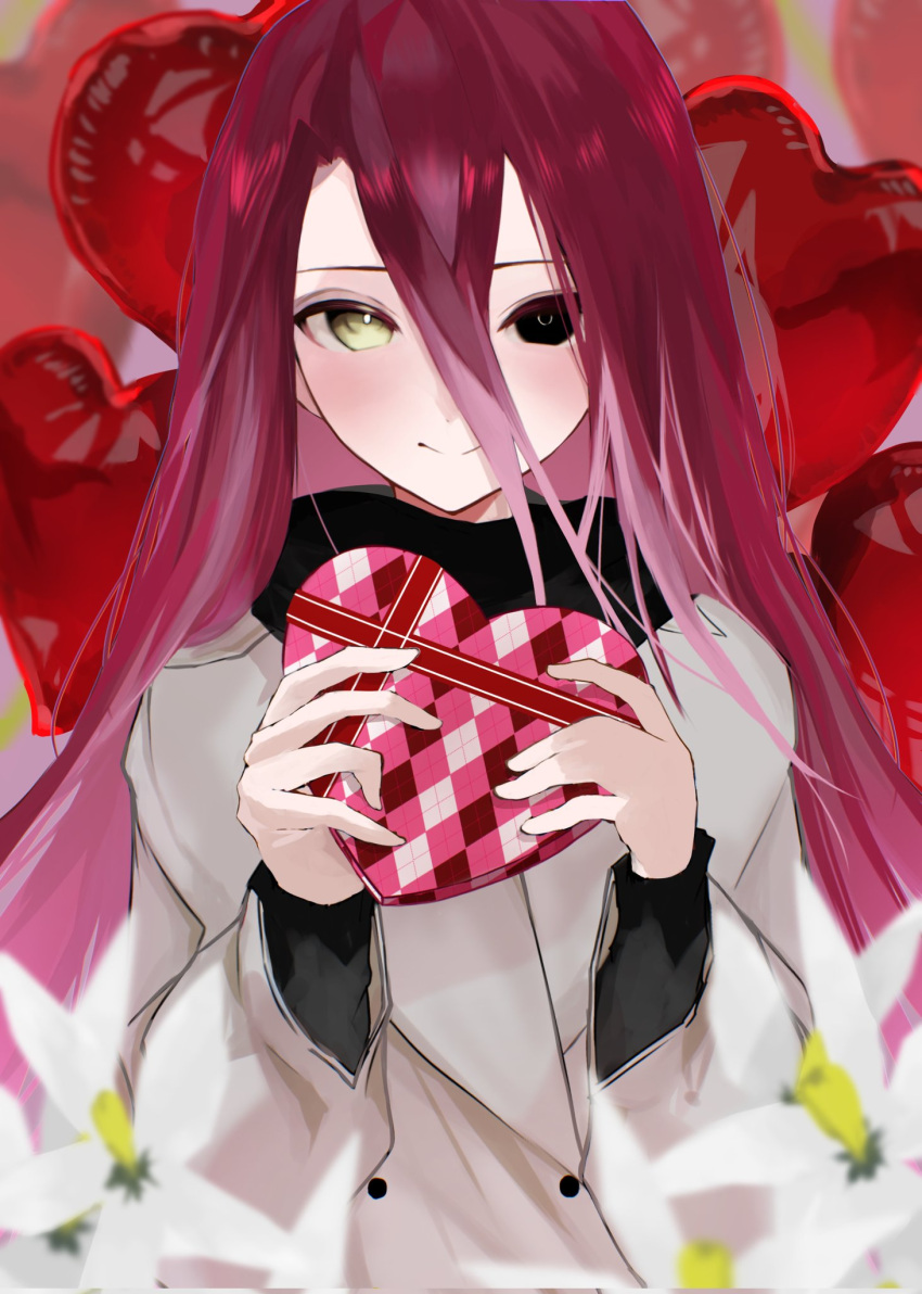 1girl alternate_costume balloon black_eyes black_scarf box closed_mouth commentary_request fate/grand_order fate_(series) flower grey_jacket hair_between_eyes heart-shaped_box heart_balloon heterochromia highres holding holding_box jacket long_hair long_sleeves nana_ekakisan redhead scarf smile solo typhon_ephemeros_(fate) valentine very_long_hair white_flower yellow_eyes