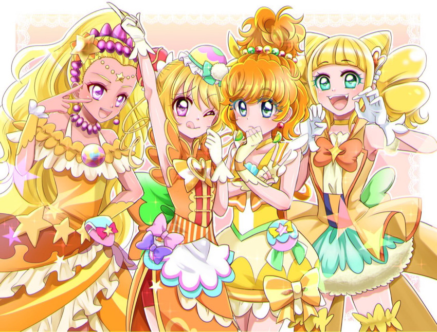 4girls :d ;d amamiya_elena apron aqua_skirt arm_up back_bow bike_shorts_under_skirt blonde_hair blue_eyes bow brooch bubble_skirt choker circlet closed_mouth color_connection cone_hair_bun cowboy_shot cure_papaya cure_soleil cure_sparkle cure_yum-yum dark-skinned_female dark_skin delicious_party_precure dot_nose double_bun dress dress_bow drill_hair earrings eyeshadow fingerless_gloves frilled_hat frills gloves green_bow green_eyes hair_bun hair_ornament hanamichi_ran hat hat_bow healin'_good_precure heart heart_brooch heart_hair_ornament high_ponytail hiramitsu_hinata ichinose_minori in-franchise_crossover jewelry komanana320 lace_background large_bow legs_apart legs_together long_hair looking_at_viewer magical_girl makeup mini_hat multiple_girls necklace one_eye_closed open_mouth orange_background orange_bow orange_dress orange_hair orange_thighhighs petticoat pink_bow ponytail pouch precure purple_bow purple_eyeshadow red_shorts short_hair shorts skirt smile standing star_(symbol) star_hair_ornament star_twinkle_precure striped_clothes thick_eyelashes thigh-highs three_quarter_view tongue tongue_out tropical-rouge!_precure twin_drills vertical-striped_clothes violet_eyes white_gloves yellow_choker yellow_gloves yellow_wrist_cuffs