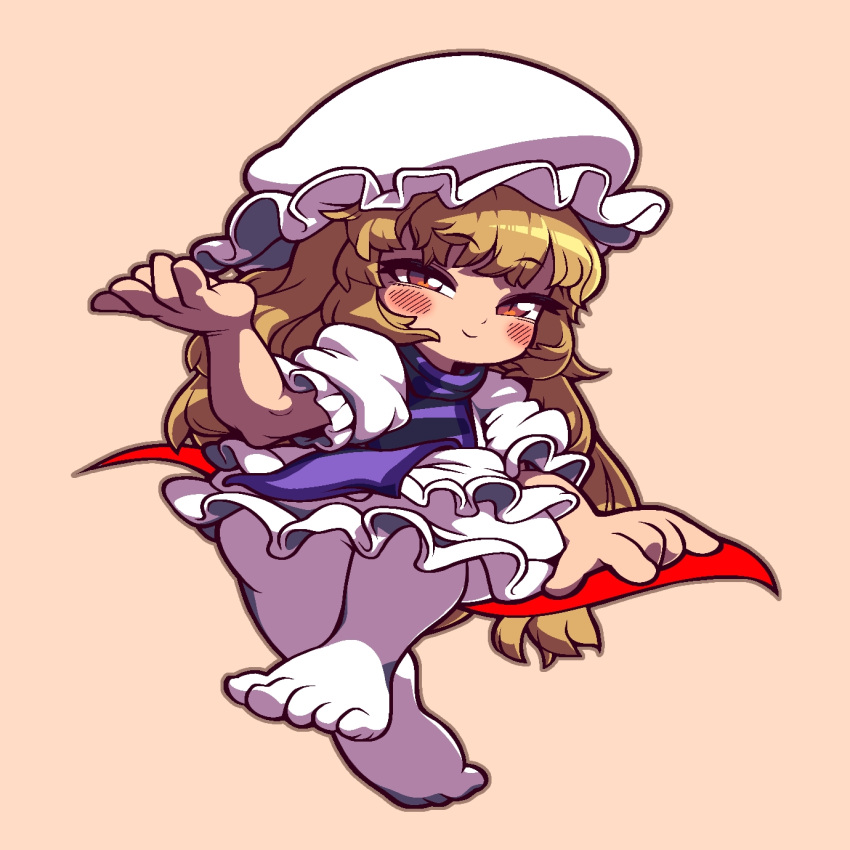 1girl blonde_hair blush brown_background brown_eyes closed_mouth commentary_request dress frilled_dress frilled_sleeves frills full_body gap_(touhou) half-closed_eyes hand_up hat highres long_hair looking_at_viewer medium_bangs mob_cap no_shoes pantyhose puffy_short_sleeves puffy_sleeves purple_tabard short_sleeves simple_background smile solo tabard toes tonchamon_san touhou very_long_hair white_dress white_headwear white_pantyhose yakumo_yukari