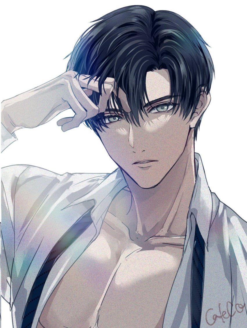 1boy black_hair collarbone diagonal-striped_clothes diagonal-striped_necktie fujita_cafeco green_eyes highres lips looking_at_viewer love_and_deepspace male_focus necktie open_clothes open_shirt parted_lips pectorals shirt short_hair solo striped_clothes upper_body white_shirt zayne_(love_and_deepspace)