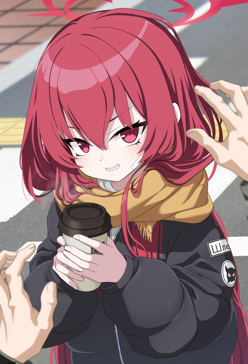 1girl 1other absurdres black_jacket blue_archive coffee_cup cup day disposable_cup fringe_trim grin hair_between_eyes halo highres holding holding_cup jacket kokolokokomika long_hair looking_at_viewer outdoors rabu_(blue_archive) red_eyes red_halo redhead scarf smile solo_focus upper_body yellow_scarf
