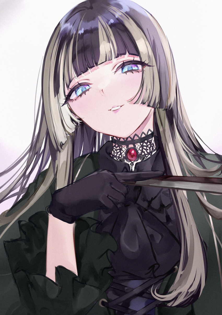 1girl absurdres black_dress black_gloves black_hair blonde_hair blue_eyes blunt_bangs choker cross-laced_clothes cross-laced_dress dress folding_fan frilled_dress frilled_sleeves frills gloves gothic_lolita hand_fan hand_up head_tilt highres holding holding_fan hololive hololive_dev_is juufuutei_raden lace lace-trimmed_choker lace_choker lace_trim lolita_fashion long_hair looking_at_viewer mile_(off8mile) multicolored_hair simple_background smile solo straight_hair streaked_hair upper_body virtual_youtuber white_background