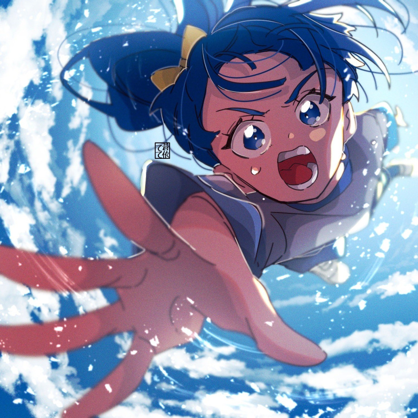 1girl aoi_tete artist_logo blue_hair blue_shirt blue_sky bow clouds cloudy_sky day floating foreshortening frown hair_bow highres hirogaru_sky!_precure looking_at_viewer medium_hair open_mouth outdoors precure reaching reaching_towards_viewer shirt short_sleeves side_ponytail sky solo sora_harewataru sweatdrop yellow_bow
