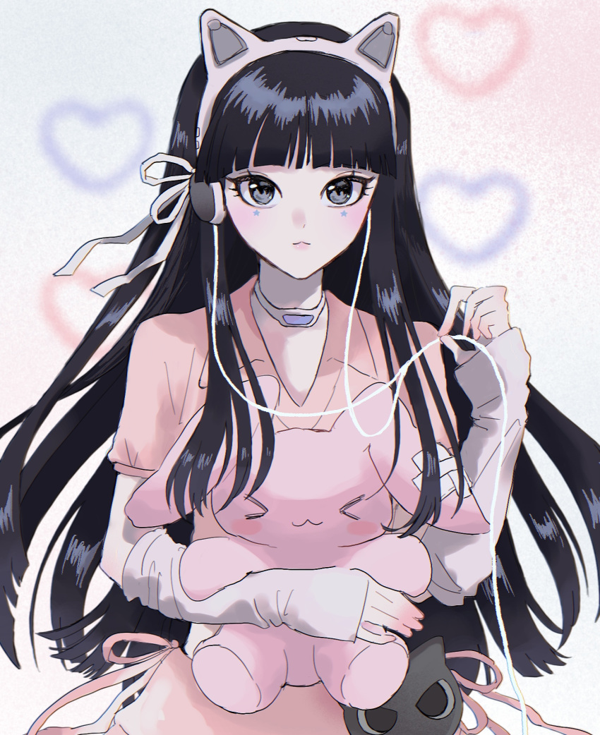1girl :3 animal_ear_headphones animal_ears animification black_hair blush cable cat_ear_headphones commentary dress fake_animal_ears haerin_(newjeans) headphones heart highres holding holding_stuffed_toy k-pop long_hair looking_at_viewer mifune_(kir_box) newjeans pink_dress pink_lips real_life solo stuffed_animal stuffed_rabbit stuffed_toy symbol-only_commentary very_long_hair