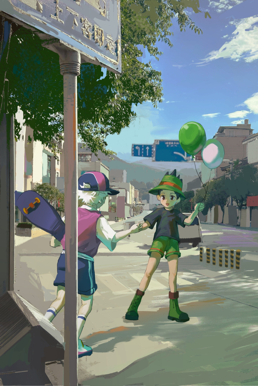 2boys absurdres balloon baseball_cap black_eyes black_hair black_shirt blue_shorts blue_sky boots building chinese_commentary city clouds commentary_request day gon_freecss green_footwear green_shorts hat highres holding holding_balloon holding_hands holding_skateboard hunter_x_hunter killua_zoldyck long_sleeves male_focus multiple_boys open_mouth outdoors purple_headwear purple_shirt road_sign shao_ziye shirt short_hair short_sleeves shorts sign skateboard sky smile socks tree white_hair white_sleeves white_socks