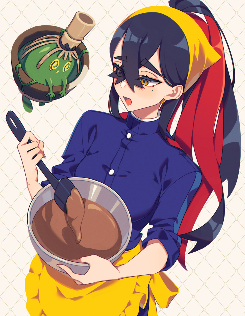 1girl alternate_hairstyle apron baking black_hair blush breasts carmine_(pokemon) crossed_bangs hair_between_eyes hair_up hairband highres long_hair long_sleeves miri_(cherryjelly) mixing_bowl mole mole_under_eye multicolored_hair open_mouth pokemon pokemon_(creature) pokemon_sv redhead sinistcha sleeves_rolled_up smile two-tone_hair yellow_apron yellow_eyes yellow_hairband