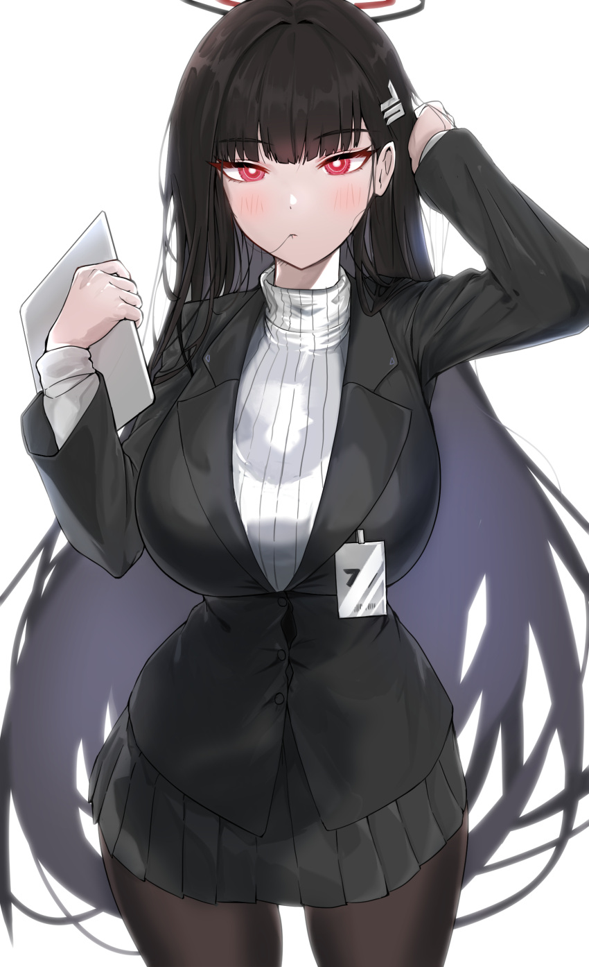 1girl absurdres biting_hair black_hair blue_archive breasts hand_in_own_hair highres jacket large_breasts lir_(cuhc3357) long_hair pantyhose red_eyes rio_(blue_archive) skirt solo suit_jacket sweater turtleneck turtleneck_sweater